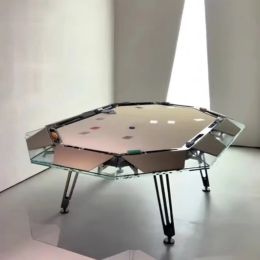 Professional 10 Seat Casino Gambling Poker Table Tempered Glass Top Stainless Steel Base Luxury Durable Commercial Gaming Table
