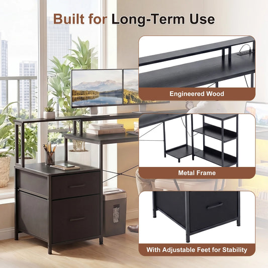 JHK 75IN L-Shaped Computer Desk with Power Outlet and LED Strip 2 Drawers For Study Office Gaming Wood Table Modern Work Table
