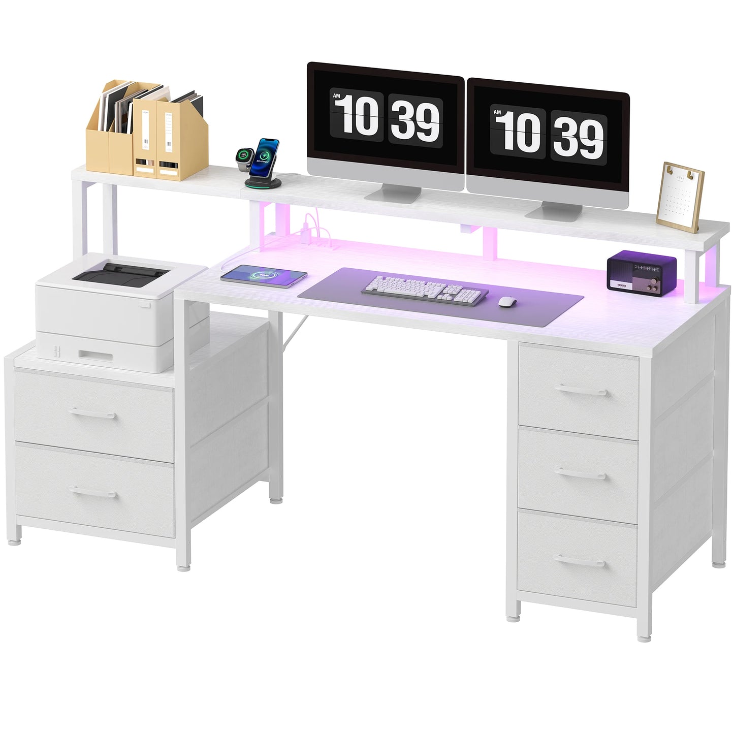 JHK 67In Gaming Computer Desk with 5 Storage Drawers Wood Office Computer Desks with LED Lights Power Outlets for Office Bedroom