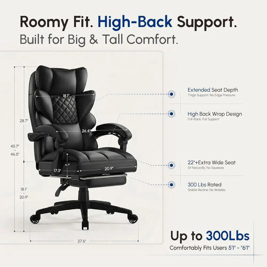 Ergonomic High-Back Gaming Chair with Spring Cushion and Footrest, Black PU Leather