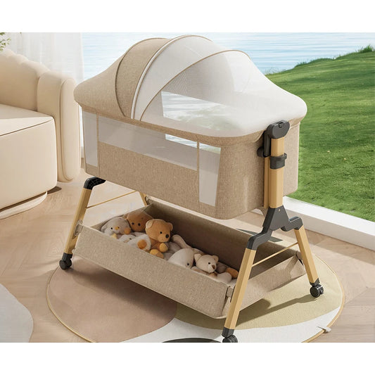 Removable Baby Cradle Bed Large Foldable Wood Crib Height Adjustment Splicing Anti-Spill Milk Feature for Living Room