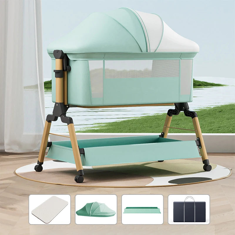 Removable Baby Cradle Bed Large Foldable Wood Crib Height Adjustment Splicing Anti-Spill Milk Feature for Living Room