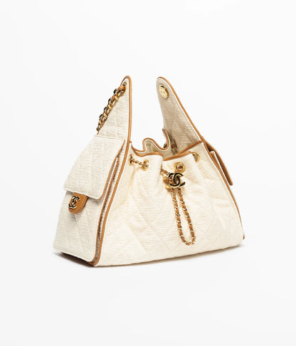 Effortlessly Luxurious — Chanel Canvas & Calfskin Gold-Tone Bag in Ecru & Camel