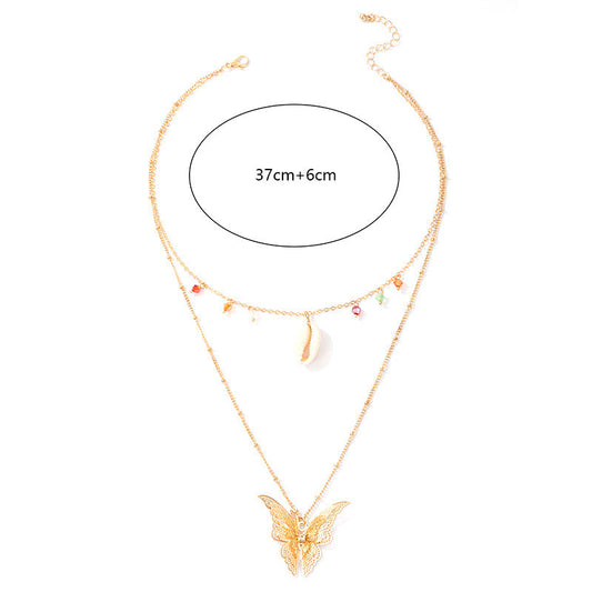 Simple Retro Ethnic Butterfly Shell Color Beads 2 Layer Necklace