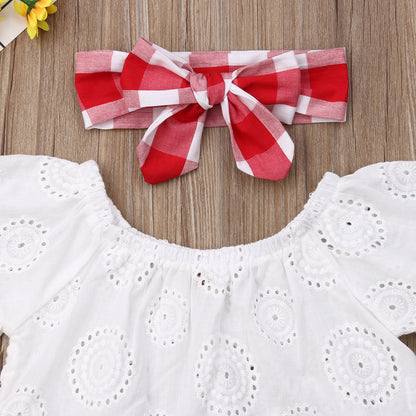 Lioraitiin 3Pcs Set 0-24M Newborn Baby Girl Clothes Cute Summer Off Shoulder Lace Tops+ Red Plaid Short Dress Headband Outfit