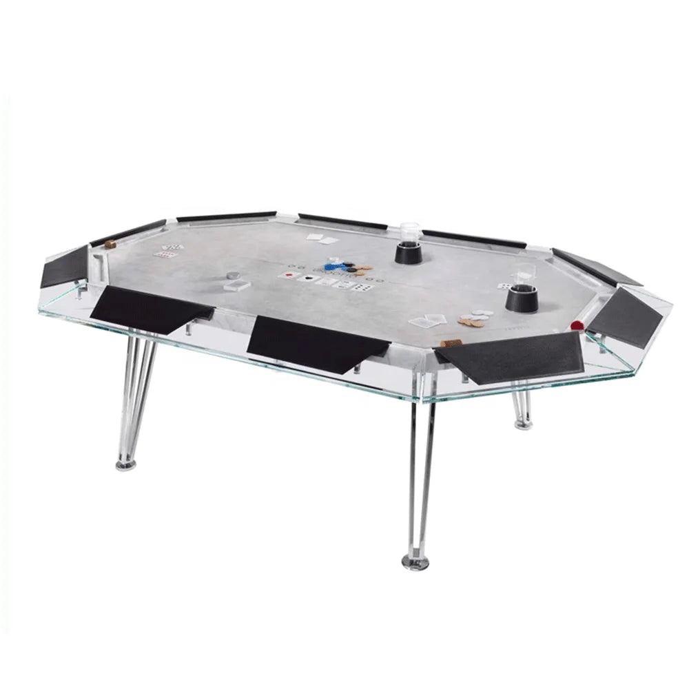 Professional 10 Seat Casino Gambling Poker Table Tempered Glass Top Stainless Steel Base Luxury Durable Commercial Gaming Table
