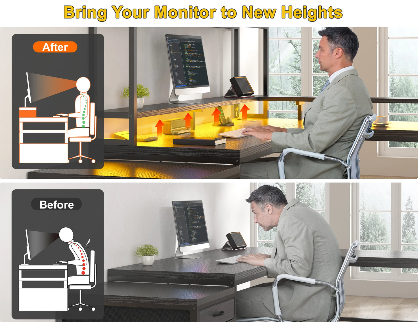 L Shaped Computer Desk with Power Outlet & Monitor Stand & LED Gaming Desk with Hutch Drawers for Living, Gaming Room