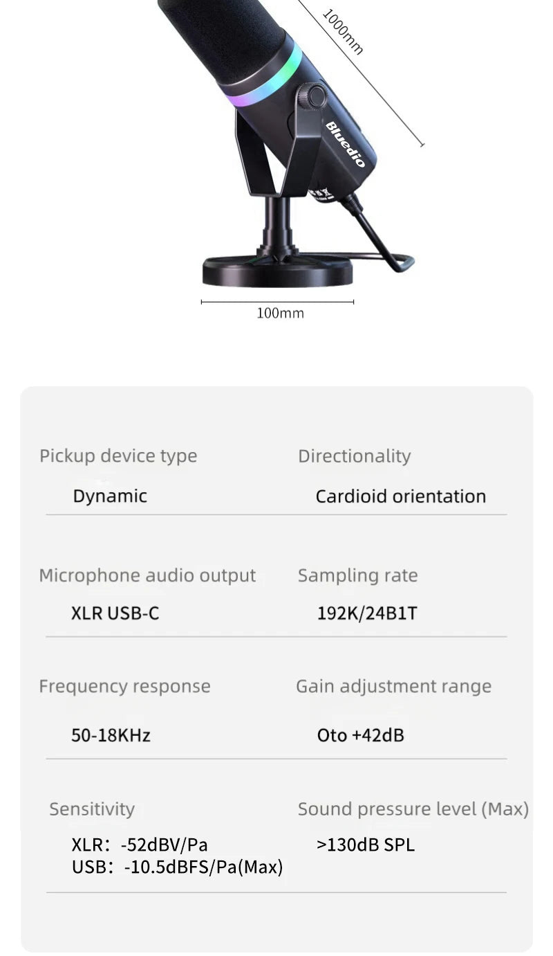 Bluedio S3000 USB/XLR Dynamic Microphone With Headphone Jack/RGB/Mute for Mixer PC Gaming Recording Streaming PS5/4 AmpliGame