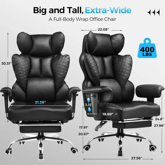 Big and Tall Office Chair 400LBS Wide Ergonomic Gaming Chair with Deluxe Embossing Designed Leather with Foot Rest,150°Reclinin