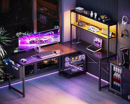 61 Inch L Shaped Desk with LED Lighting, Reversible Gaming Desk with Power Outlets, Cornor Computer Table with, Customized