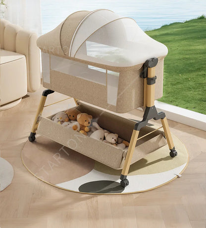Removable Baby Cradle Bed Large Foldable Wood Crib Height Adjustment Splicing Anti-Spill Milk Feature for Living Room