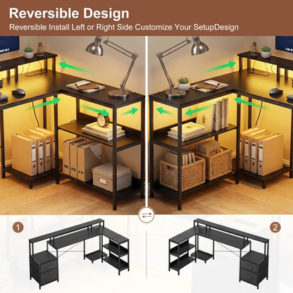 JHK 75IN L-Shaped Computer Desk with Power Outlet and LED Strip 2 Drawers For Study Office Gaming Wood Table Modern Work Table