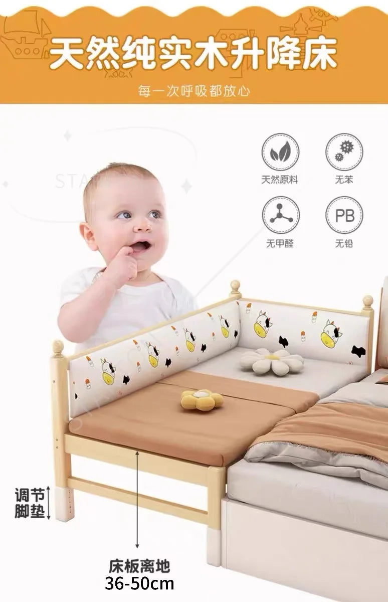 Children's Splicing Bed Wider Solid Wood Frame with Guardrail Baby Single Bed Kids' Crib Safety and Comfort