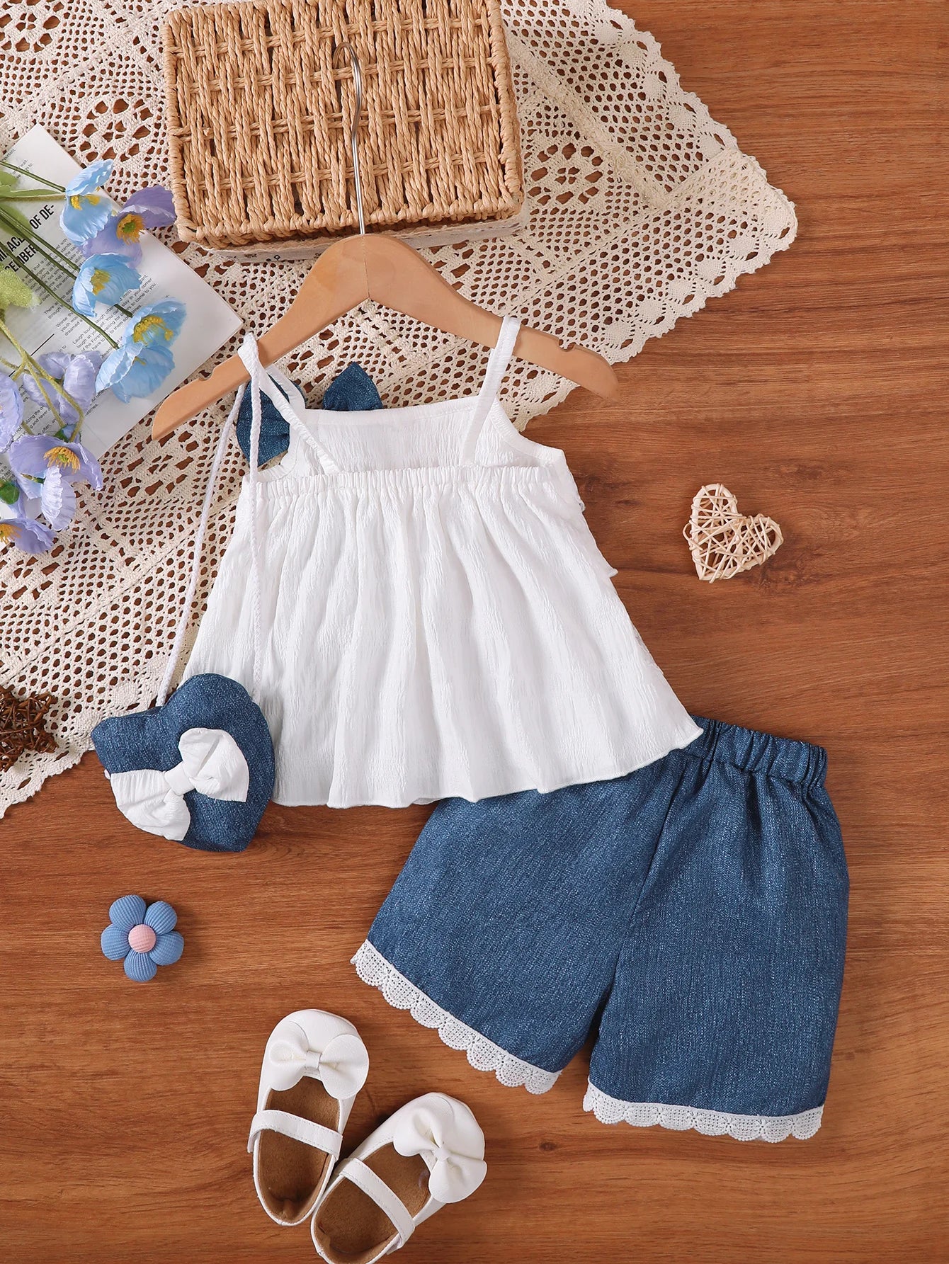 3Pcs Baby girl Lace Ruffled Camisole Top+Bow shorts+Heart mini bag Set suitable for 0-3 Year Baby girl Summer Fashion Set