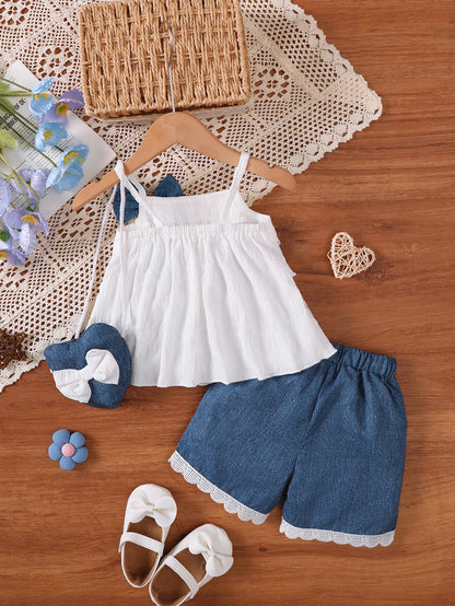 3Pcs Baby girl Lace Ruffled Camisole Top+Bow shorts+Heart mini bag Set suitable for 0-3 Year Baby girl Summer Fashion Set