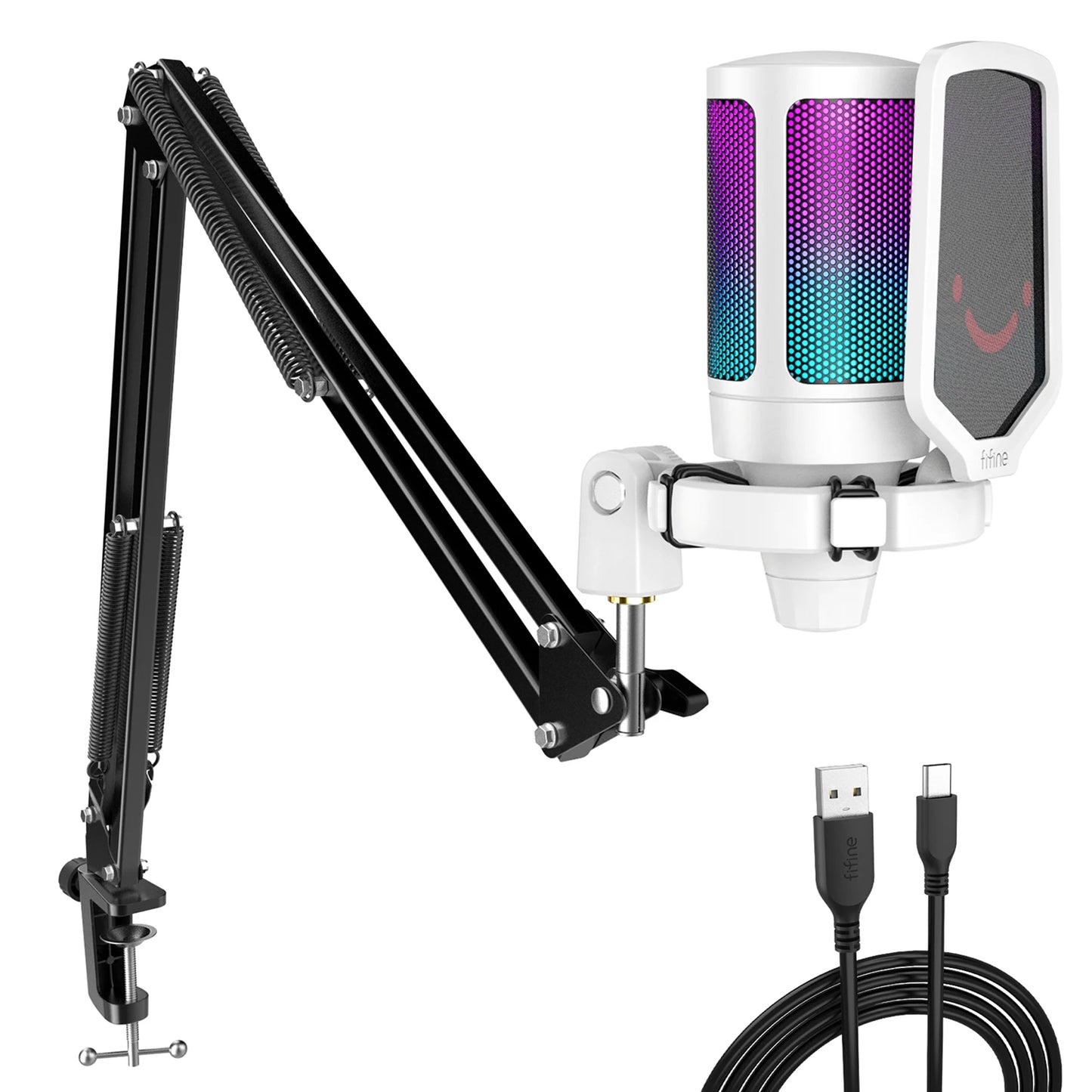 FIFINE USB Gaming Microphone Kit for PC,PS4/5 Condenser Cardioid Mic Set with Mute Button/RGB /Arm Stand,for Streaming Video