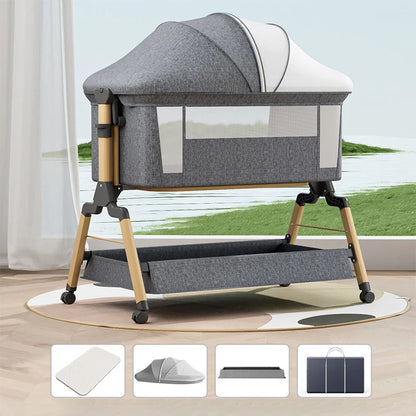 Removable Baby Cradle Bed Large Foldable Wood Crib Height Adjustment Splicing Anti-Spill Milk Feature for Living Room