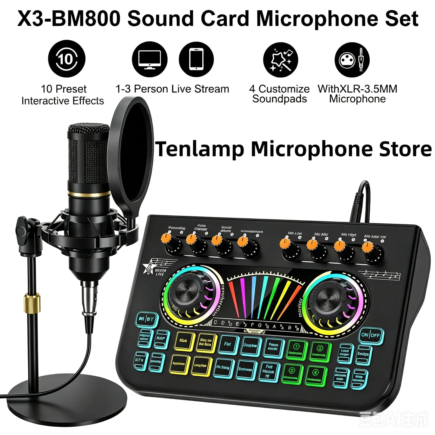 Tenlamp Podcast Equipment Bundle with 3.5mm Condenser Microphone forPc/Phone,Podcast Microphone Bundle with Live Sound Card Audio Mixer,KOL Singing Gaming DJ Mixing Station Controller Equipment Studio