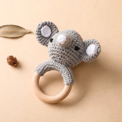 Handmade Crochet Animal Rattle Set Natural Beech Wood Ring Built in Bell Sound Teething Relief Fine Motor Skills Baby Toys Gift