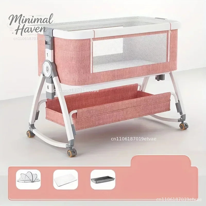 Multi Functional Crib with Foldable Height Adjustment Splicing, Portable and Movable Bedside Swing, Cradle, Sleeping Bed