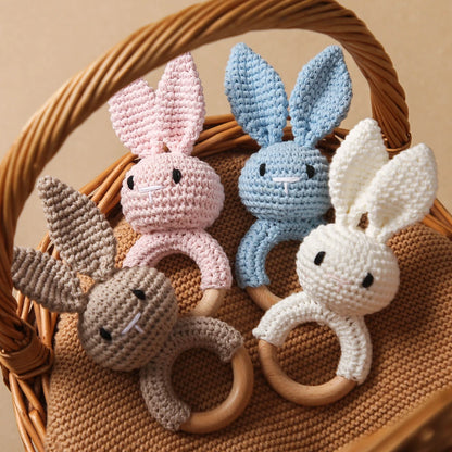 Handmade Crochet Animal Rattle Set Natural Beech Wood Ring Built in Bell Sound Teething Relief Fine Motor Skills Baby Toys Gift