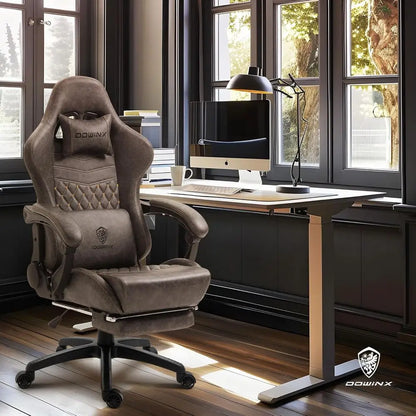 Vintage Heavy-Duty Ergonomic Gaming Chair for Adults, 400 lb Capacity, with Massage Lumbar, Footrest, and Recline, Brown