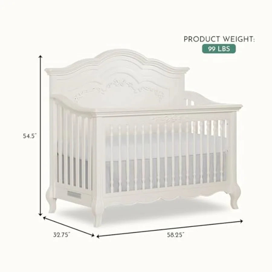 Evolur Aurora 5-in-1 Convertible Full-Size Baby Crib in, 3 Mattress HeightsRibbon Bow Scrollwork and Queen Anne Feet, Converts