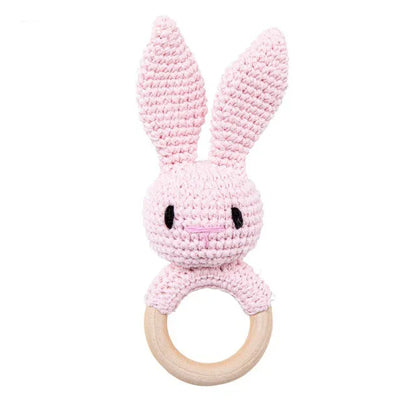 Handmade Crochet Animal Rattle Set Natural Beech Wood Ring Built in Bell Sound Teething Relief Fine Motor Skills Baby Toys Gift