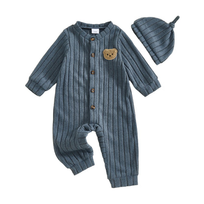 Infant Boy Romper and Beanie Set Adorable Bear Design Long Sleeve Jumpsuit with Matching Hat for Newborn Baby Outfit