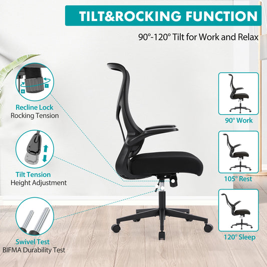 JHK Mesh Lumbar Support Office Desk Computer Chair Ergonomic High Back Swivel Rolling Gaming Chairs With Wheels And Flip-up Arms