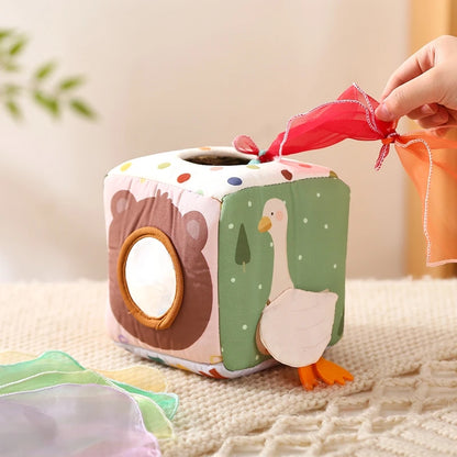 Baby Montessori Rattle Toy Cotton Animal Tissue Box Kid Finger Exercise Cloth Busy Box Toy Baby Educational Activity Sensory Toy