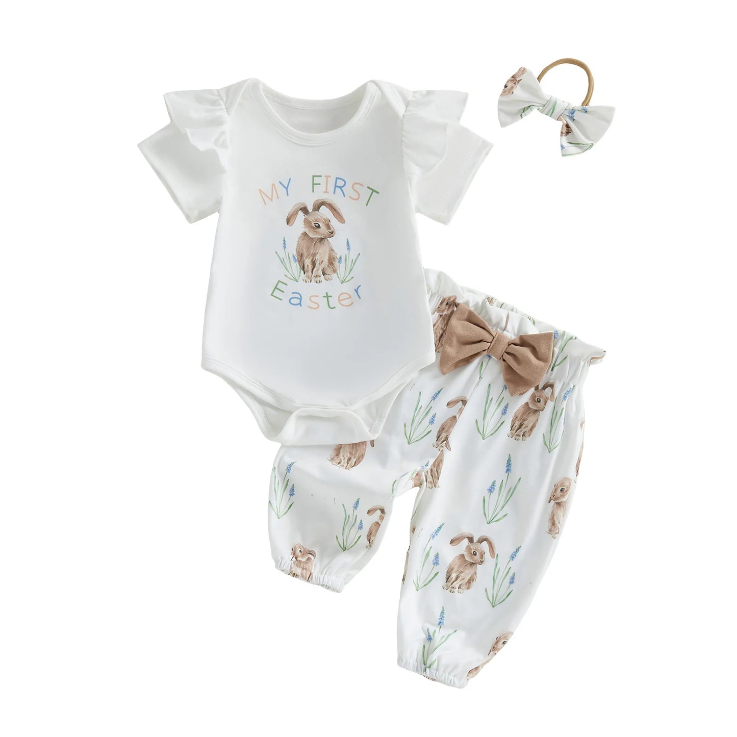Adorable Toddler Easter Clothes Bunny Patterned Short Sleeve Romper Pants and Headband 3 Piece Set for Baby Girls