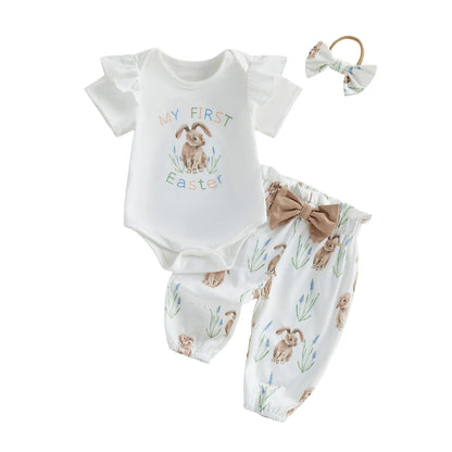 Adorable Toddler Easter Clothes Bunny Patterned Short Sleeve Romper Pants and Headband 3 Piece Set for Baby Girls