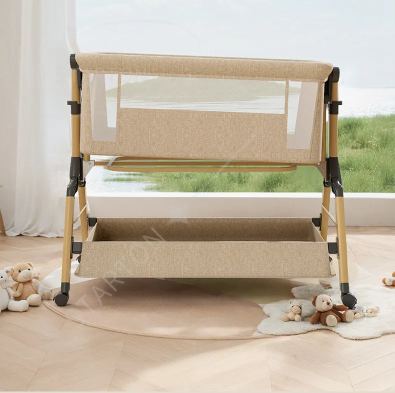 Removable Baby Cradle Bed Large Foldable Wood Crib Height Adjustment Splicing Anti-Spill Milk Feature for Living Room