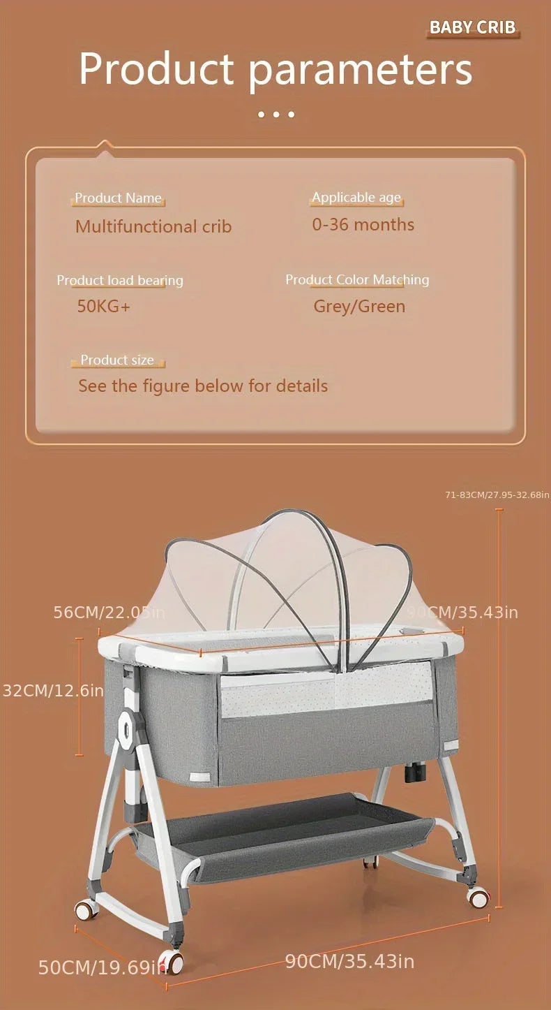 Multi Functional Crib with Foldable Height Adjustment Splicing, Portable and Movable Bedside Swing, Cradle, Sleeping Bed