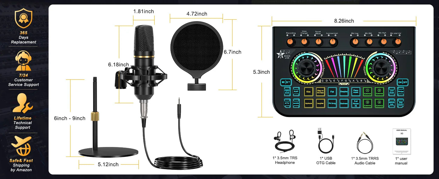 Tenlamp Podcast Equipment Bundle with 3.5mm Condenser Microphone forPc/Phone,Podcast Microphone Bundle with Live Sound Card Audio Mixer,KOL Singing Gaming DJ Mixing Station Controller Equipment Studio