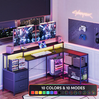 JHK 75IN L-Shaped Computer Desk with Power Outlet and LED Strip 2 Drawers For Study Office Gaming Wood Table Modern Work Table
