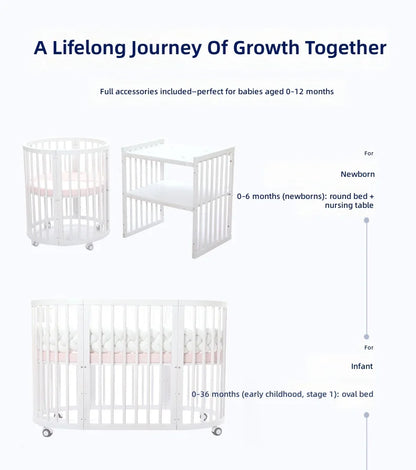 Solid Wood Baby Crib Convertible To Toddler Bed Adjustable Size Oval Design CPC Certified Safe Guardrail