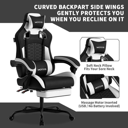 WOTSTA Gaming Chair with Footrest, Lumbar Support, Adjustable Height, Swivel Seat, Headrest ,For Office or Gaming