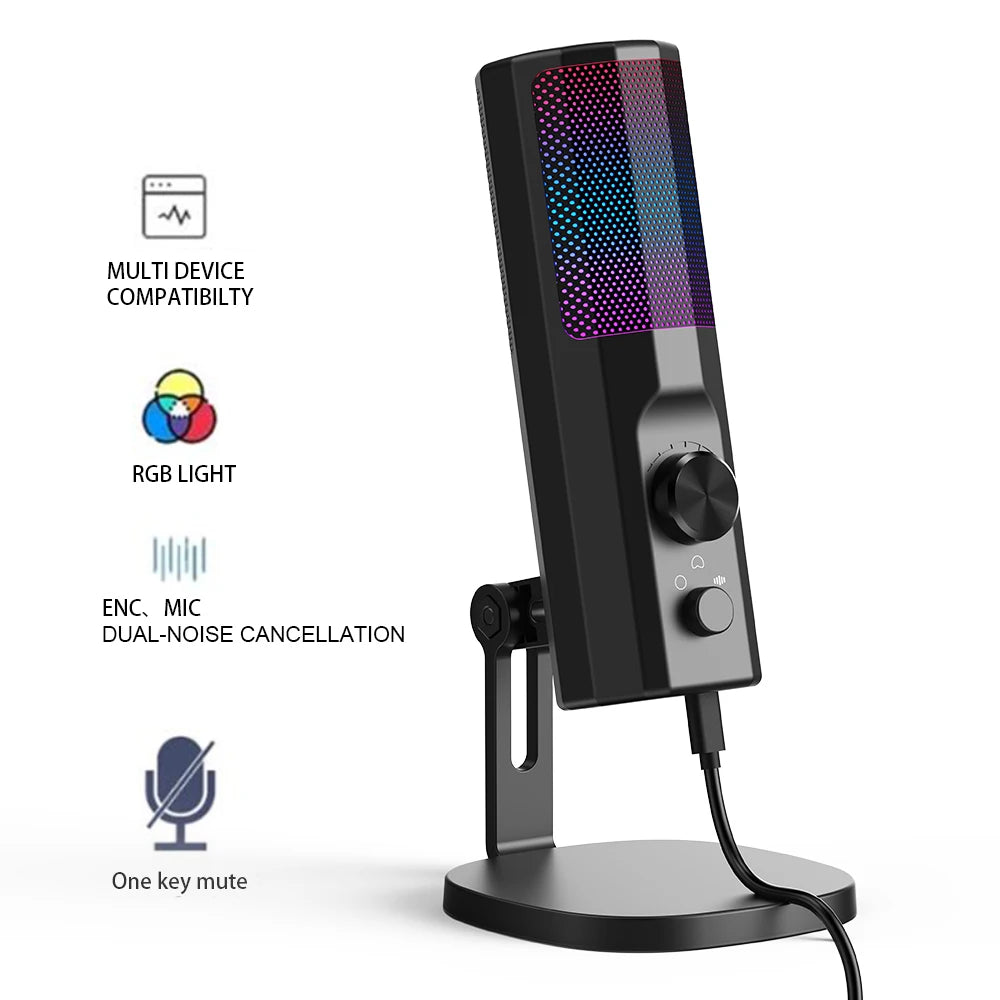 3.5mm Condenser Microphone with ENC Noise Cancelling, RGB LED Lighting, Compatible with PC/PS4/PS5/Mac/Android, Ideal for Stream