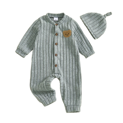 Infant Boy Romper and Beanie Set Adorable Bear Design Long Sleeve Jumpsuit with Matching Hat for Newborn Baby Outfit