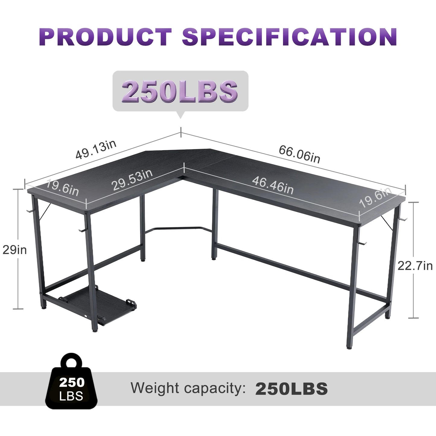 JHK 66 Inch L ShapedCorner Computer Desk Larger Gaming Office Table with Iron Hook CPU Stand for Home Study Writing Work Station