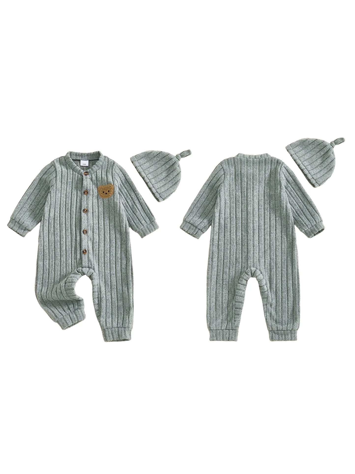 Infant Boy Romper and Beanie Set Adorable Bear Design Long Sleeve Jumpsuit with Matching Hat for Newborn Baby Outfit