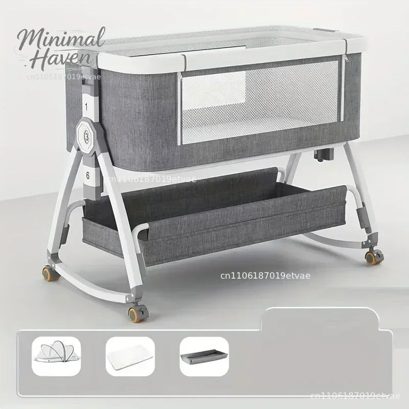 Multi Functional Crib with Foldable Height Adjustment Splicing, Portable and Movable Bedside Swing, Cradle, Sleeping Bed