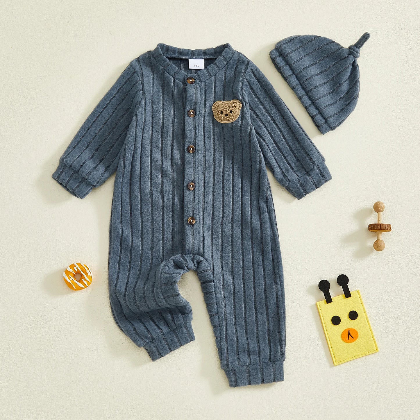 Infant Boy Romper and Beanie Set Adorable Bear Design Long Sleeve Jumpsuit with Matching Hat for Newborn Baby Outfit