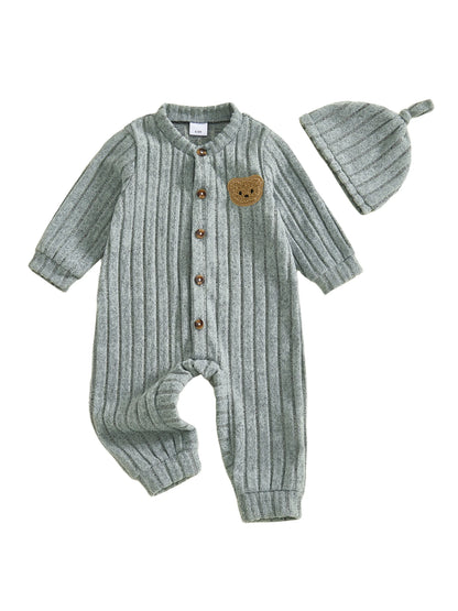Infant Boy Romper and Beanie Set Adorable Bear Design Long Sleeve Jumpsuit with Matching Hat for Newborn Baby Outfit