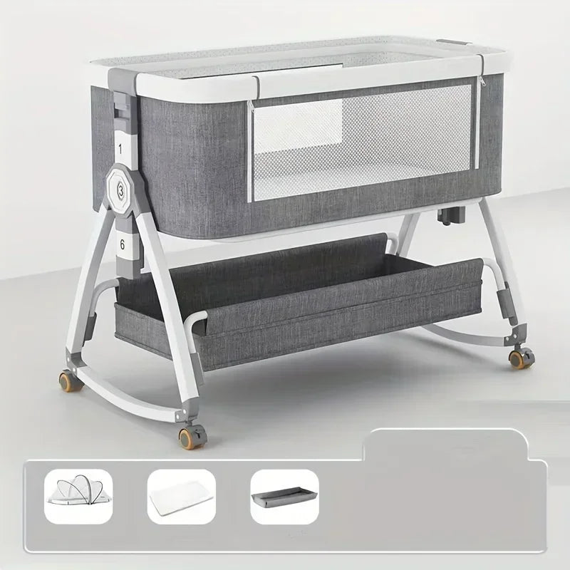 Multi Functional Crib with Foldable Height Adjustment Splicing, Portable and Movable Bedside Swing, Cradle, Sleeping Bed