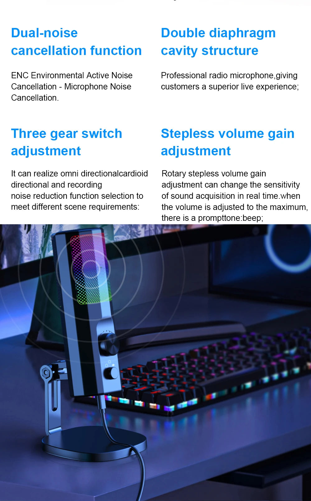 3.5mm Condenser Microphone with ENC Noise Cancelling, RGB LED Lighting, Compatible with PC/PS4/PS5/Mac/Android, Ideal for Stream