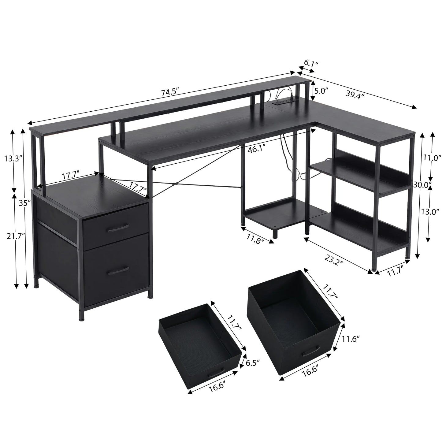 JHK 75IN L-Shaped Computer Desk with Power Outlet and LED Strip 2 Drawers For Study Office Gaming Wood Table Modern Work Table