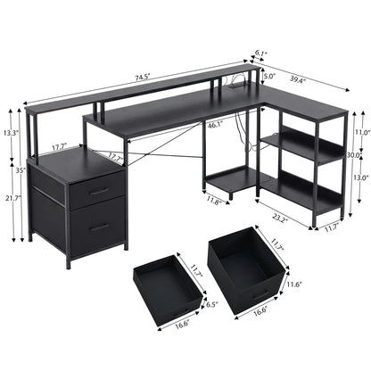 JHK 75IN L-Shaped Computer Desk with Power Outlet and LED Strip 2 Drawers For Study Office Gaming Wood Table Modern Work Table